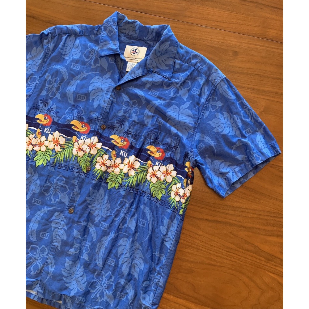 Kansas Jayhawks Hawaiian Shirt Mens M Blue Aloha Floral Camp Exclusive Alumni